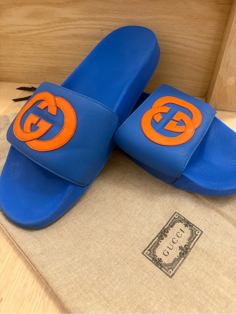 Authentic Gucci Men’s Royal Blue Slides with Orange Logo